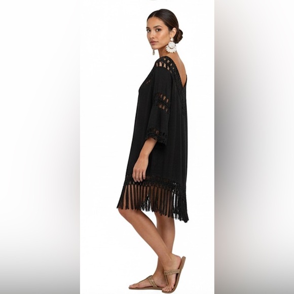 Boho Crochet Fringe Hem Cover Up Dress Black - Picture 2 of 8